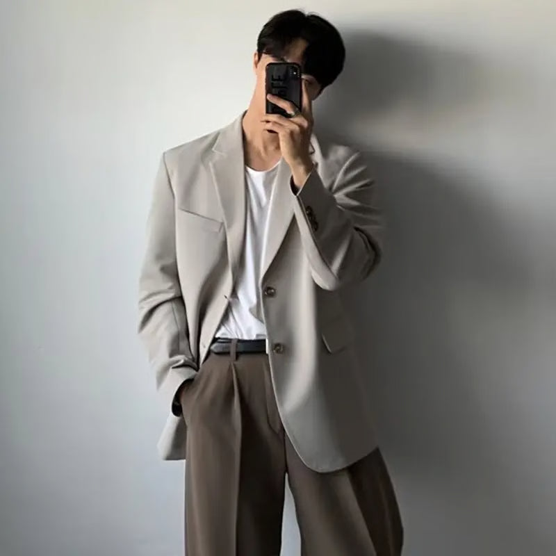 Trendy Men's Casual Blazer, Autumn Loose Fit Black Jacket, Western Style Single Breasted Dongdaemun Fashion