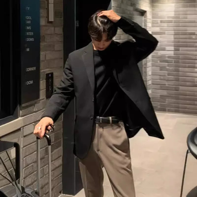 Trendy Men's Casual Blazer, Autumn Loose Fit Black Jacket, Western Style Single Breasted Dongdaemun Fashion
