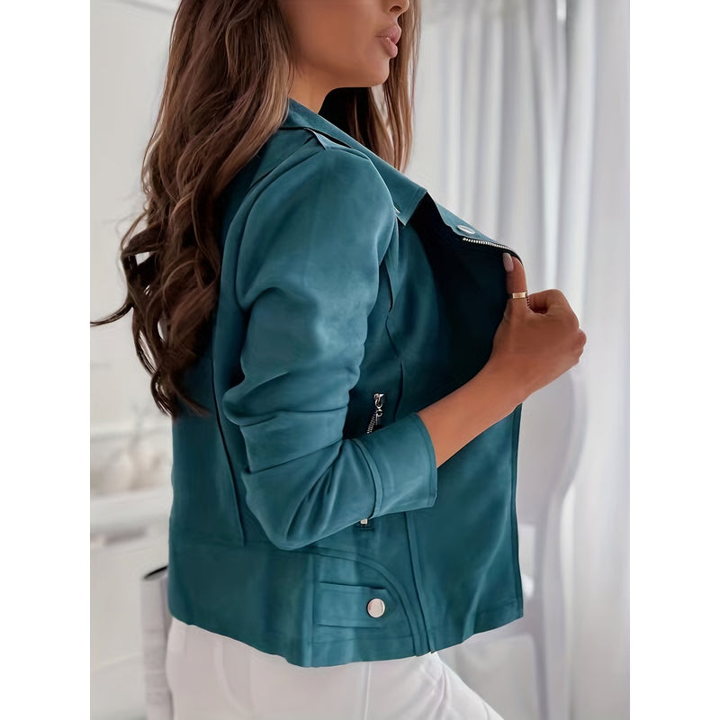 Solid Zipper Biker Jacket - Casual Long Sleeve Waterfall Collar Outerwear - Women's Clothing