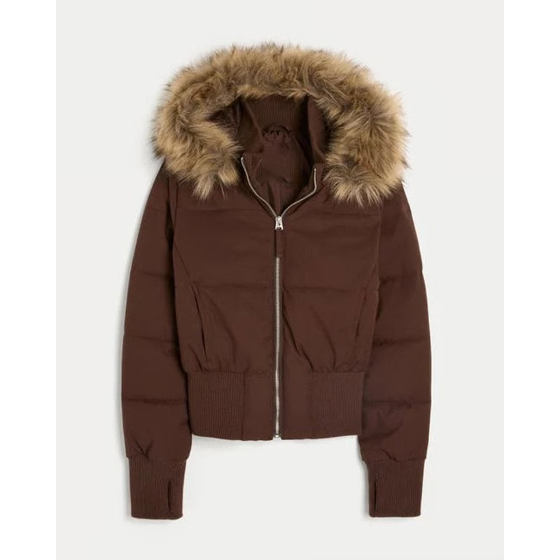 Womens Faux Fur Hooded Jacket, Quilted Cropped Coat, Winter Fashion Outerwear with Zipper Pockets