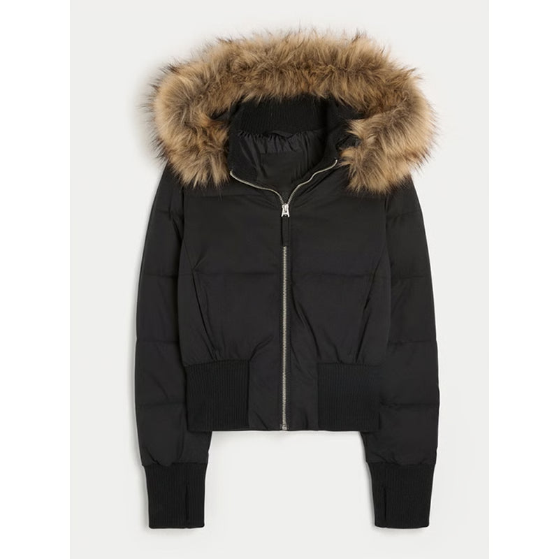 Womens Faux Fur Hooded Jacket, Quilted Cropped Coat, Winter Fashion Outerwear with Zipper Pockets