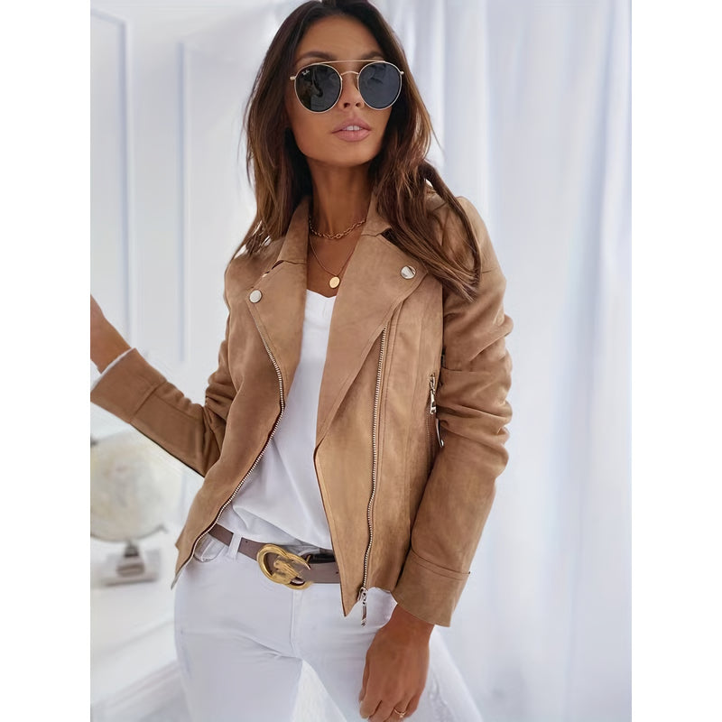 Solid Zipper Biker Jacket - Casual Long Sleeve Waterfall Collar Outerwear - Women's Clothing